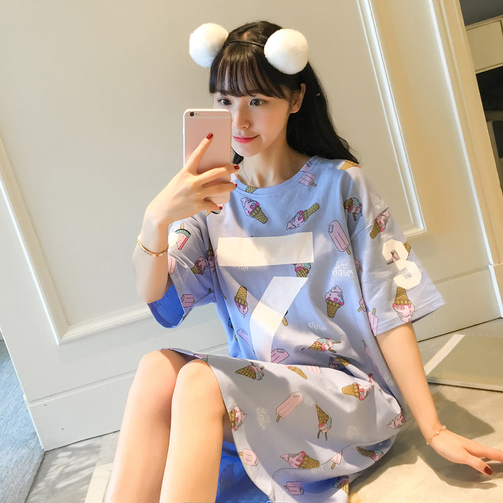 Women Cotton Short Sleeve O Neck Ice Cream Pattern Night Dress Night Sleepwear
