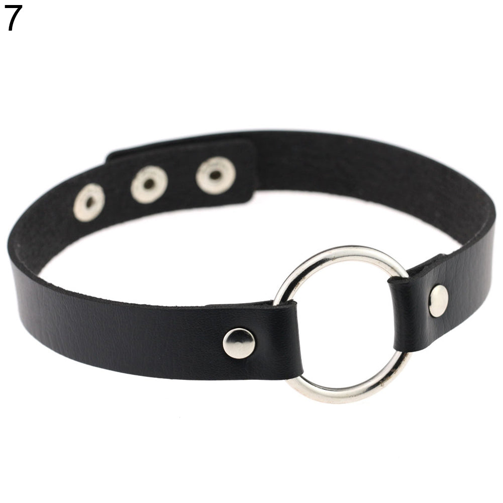 Women Fashion Punk Choker O-Ring Faux Leather Rivets Collar Short Necklace