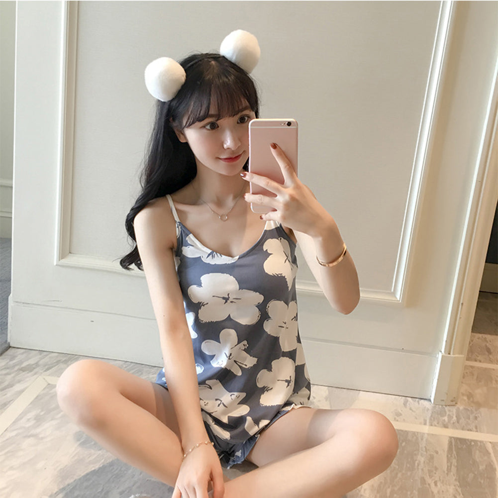 Fashion Lovely Flower Floral Sleeveless Top Shorts Women Sleepwear Pajamas Set