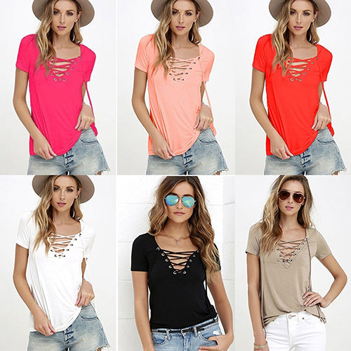 Women Summer Plus Size Sexy Top casual Strappy V-Neck Tees Fashion T-Shirt