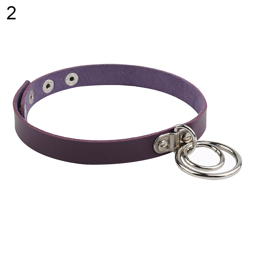 Lady Fashion Punk Choker Double Rings Pendant Faux Leather Short Collar Necklace
