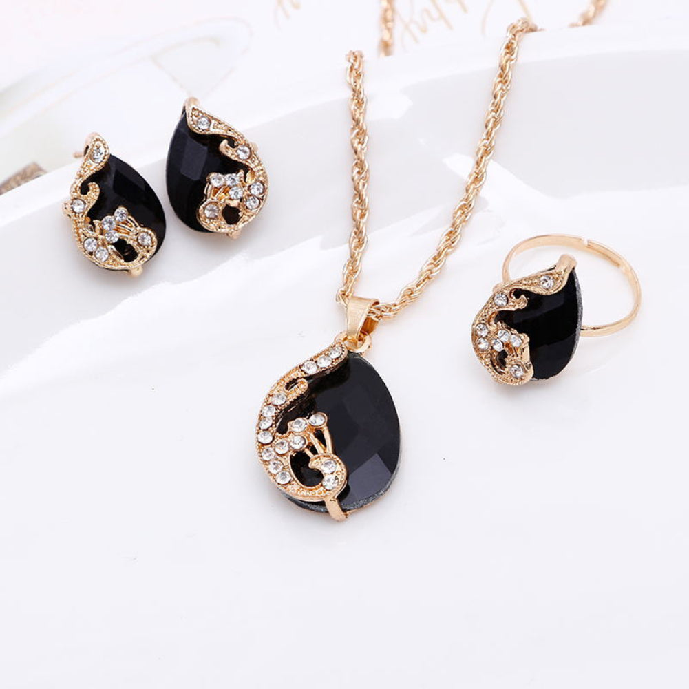 Women Jewelry Set Shiny Water-Drop Shape Rhinestone Necklace Earrings Ring Gift