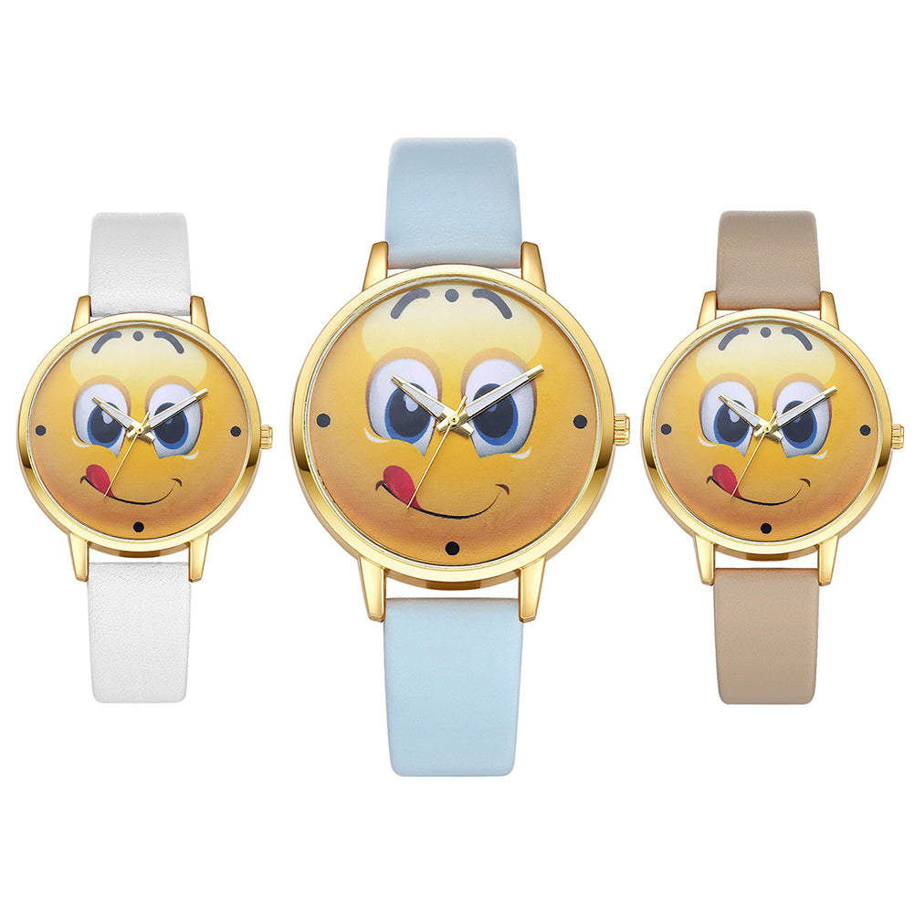 Lady Stylish Lovely Greedy Face Emoji Faux Leather Band Analog Wrist Watch