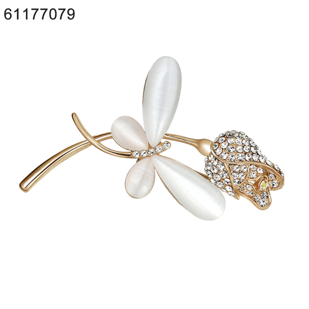 Women Jewelry Breastpin Dragonfly Flower Shiny Zircon Big Faux Pearl Brooch Pin