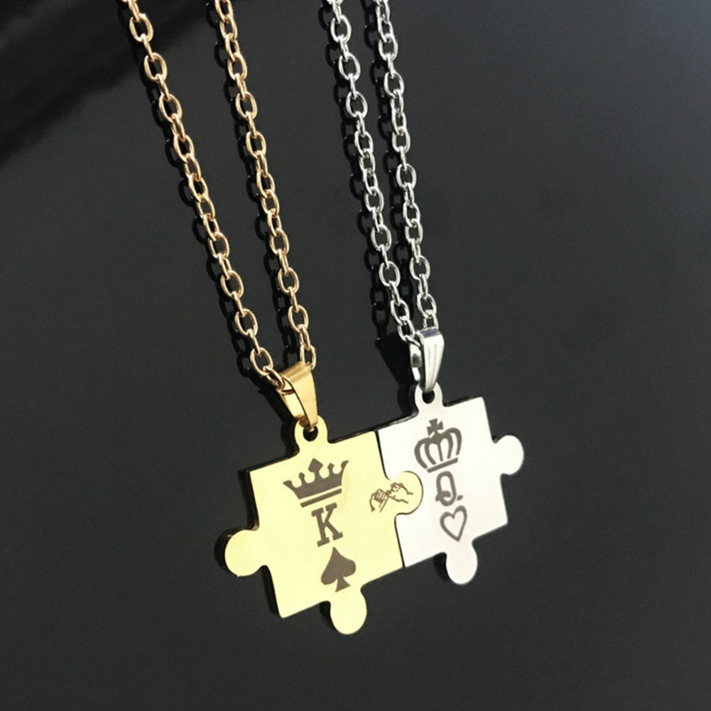 K Q Crown Puzzle Style Pendant Titanium Steel Couple Necklace Jewelry Gift