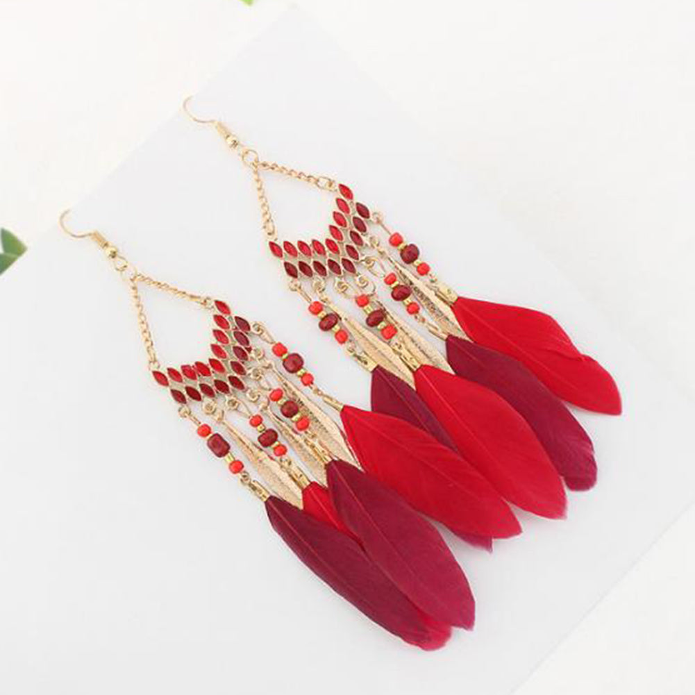 Women Feather Dangle Bohemian Ethnic Tassels Beads Drop Hook Earrings Jewelry