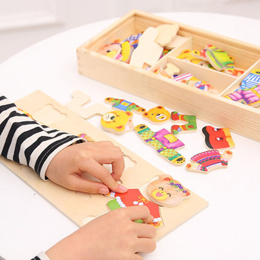 Wooden Baby Bear Changing Clothes Puzzle Set Children Kids Educational Toys Gift