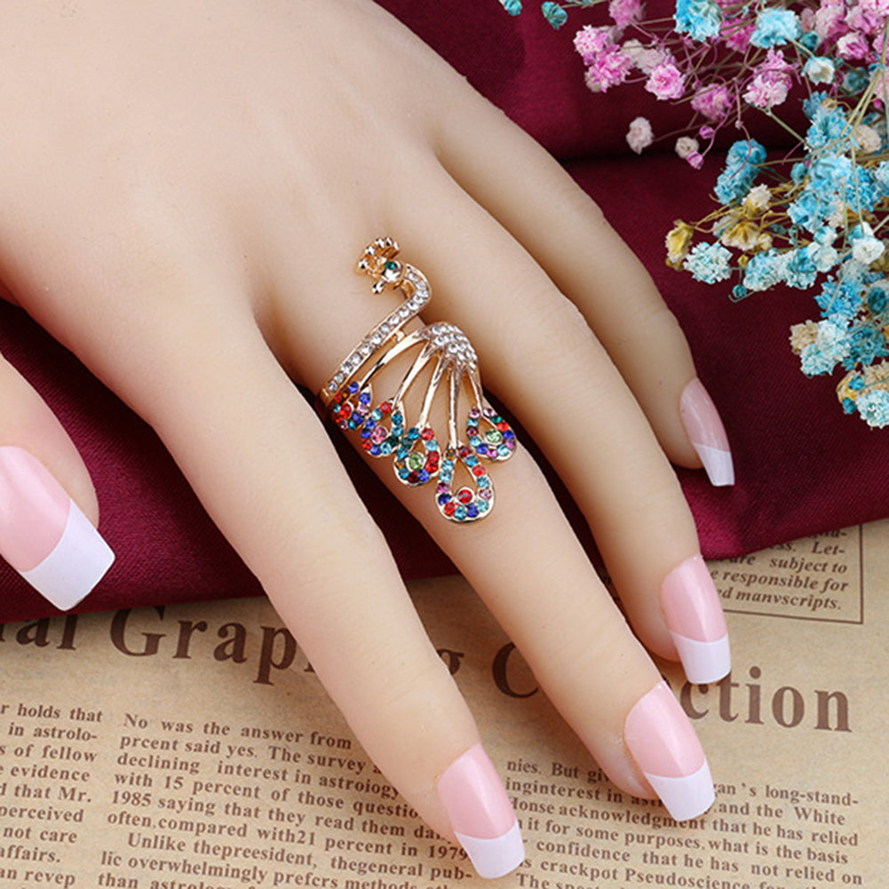 Women Retro Gold-plated Rhinestones Peacock Shape Finger Ring Jewelry Gifts