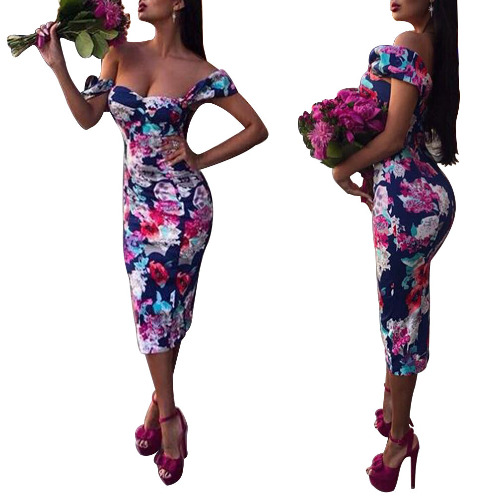 Women Summer Sexy Off Shoulder Flower Cocktail Party Beach Bodycon Dress