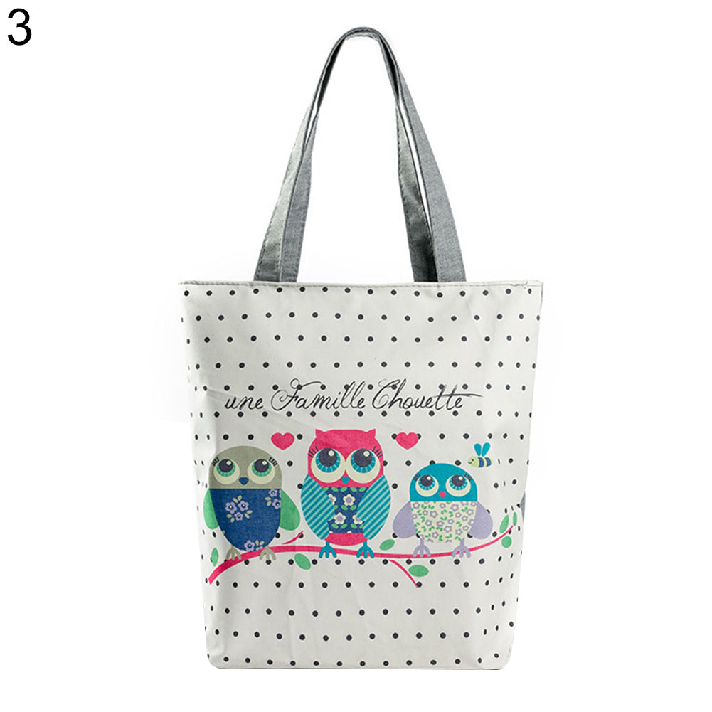 Cute Owl Floral Printed Canvas Tote Bag Women Casual Large Capacity Handbags