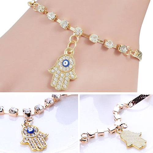 Women Hamsa Fatima Hand Pendant Good Luck Shiny Rhinestone Bracelet Jewelry