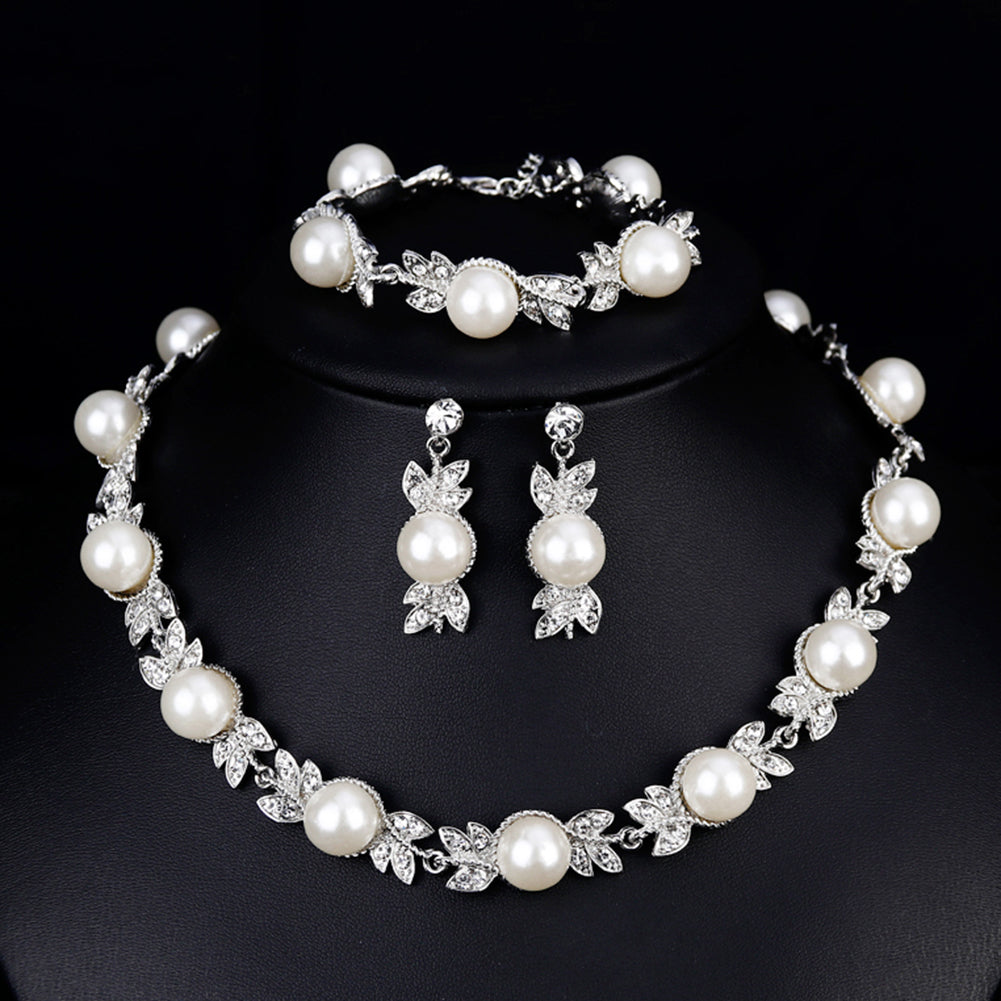 Women Faux Pearl Rhinestone Necklace Stud Earrings Bracelet Jewelry Wedding