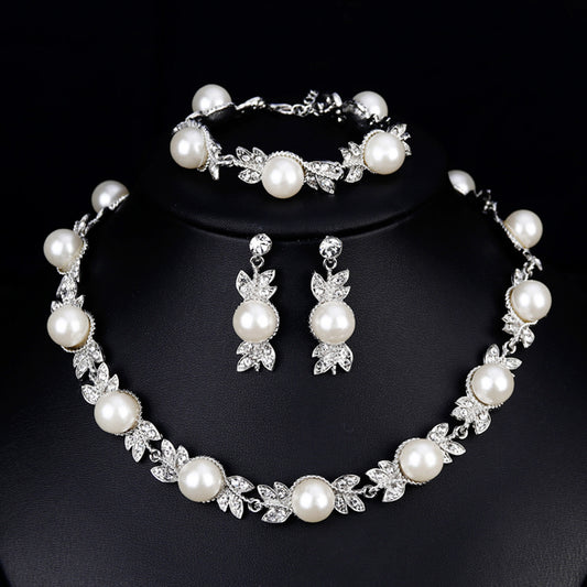 Women Faux Pearl Rhinestone Necklace Stud Earrings Bracelet Jewelry Wedding