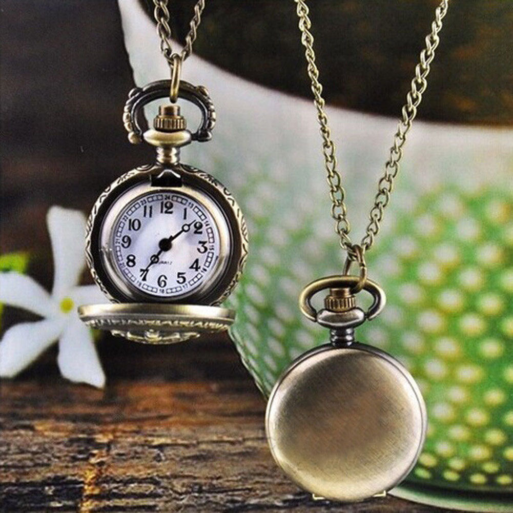 Unisex Vintage Hollow Crown Bronze Quartz Pocket Dress Watch Pendant Necklace