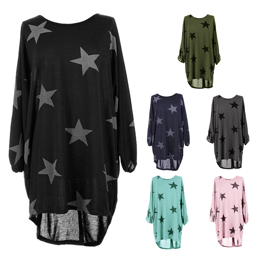 Stars Print Long Sleeve Round Neck Women Spring Loose Long T-shirt Top Dress