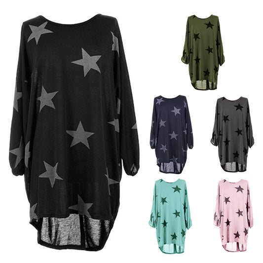Stars Print Long Sleeve Round Neck Women Spring Loose Long T-shirt Top Dress