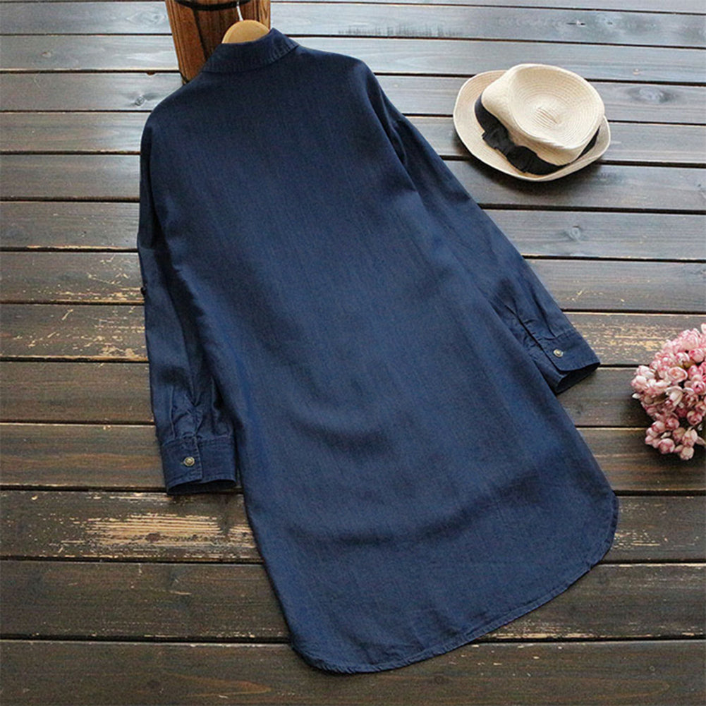Solid Color Adjustable Long Sleeve Women's Casual Irregular Denim Shirt Top