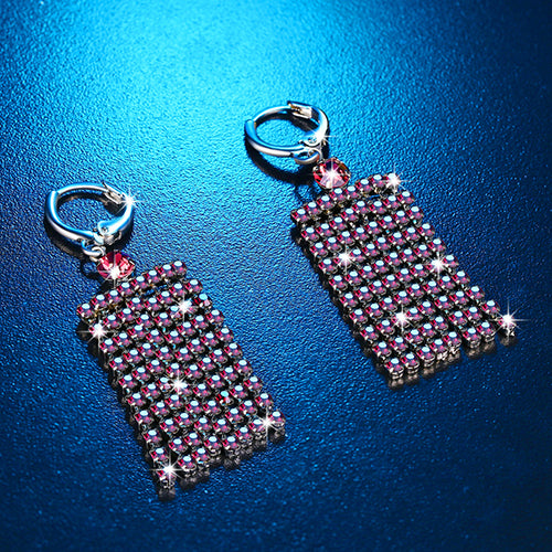 Silver Plated Long Rhinestone Tassels Rectangle Mesh Dangle Women Retro Earrings