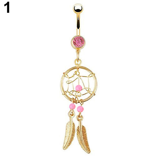 Gold-tone Dream Catcher Feather Rhinestone Beads Belly Button Navel Ring Barbell