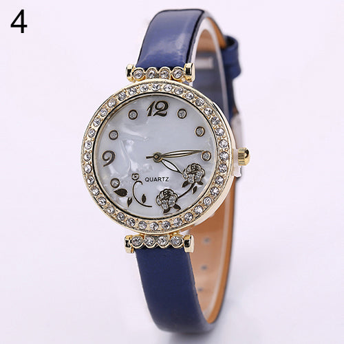 Women's Flower Rhinestone Watch Fine Faux Leather Strap Quartz Gift Wristwatch