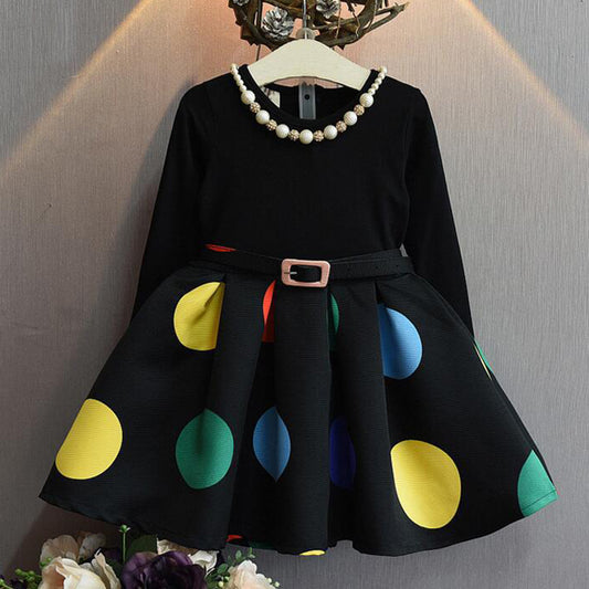 Autumn Winter Girl Long Sleeve Colorful Polka Dot Mini Dress with Belt Necklace