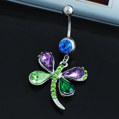 Colorful Dragonfly Button Barbell Navel Belly Ring Dangle Body Piercing Jewelry