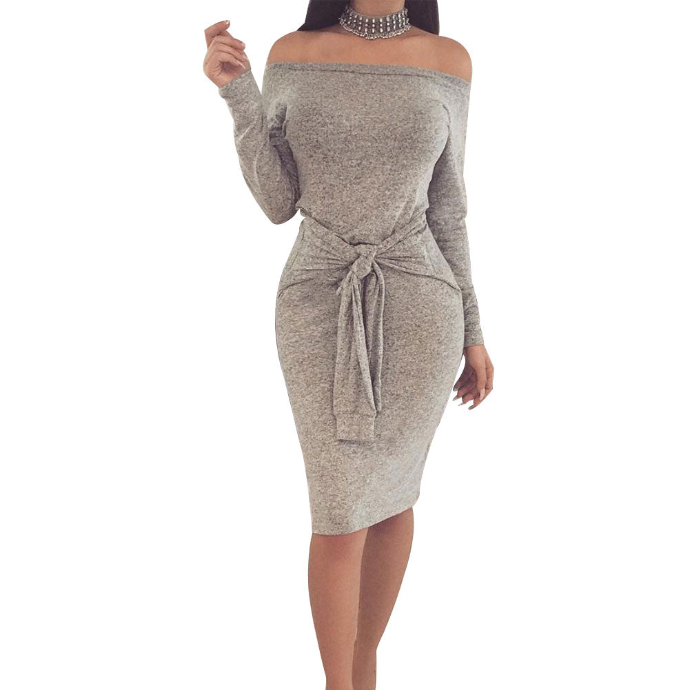 Women Off-Shoulder Long Sleeve Autumn Winter Sexy Bodycon Evening Party Dress