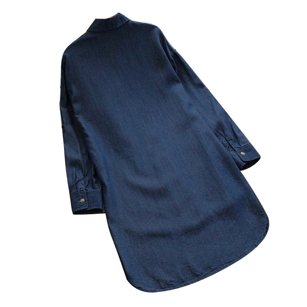 Solid Color Adjustable Long Sleeve Women's Casual Irregular Denim Shirt Top