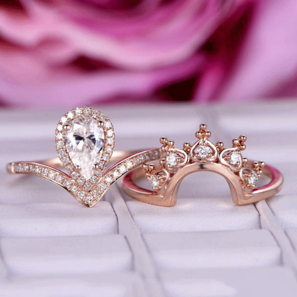 2Pcs Women Rings Set Chic Curved Crown Zircon Jewelry Engagement Party Gift