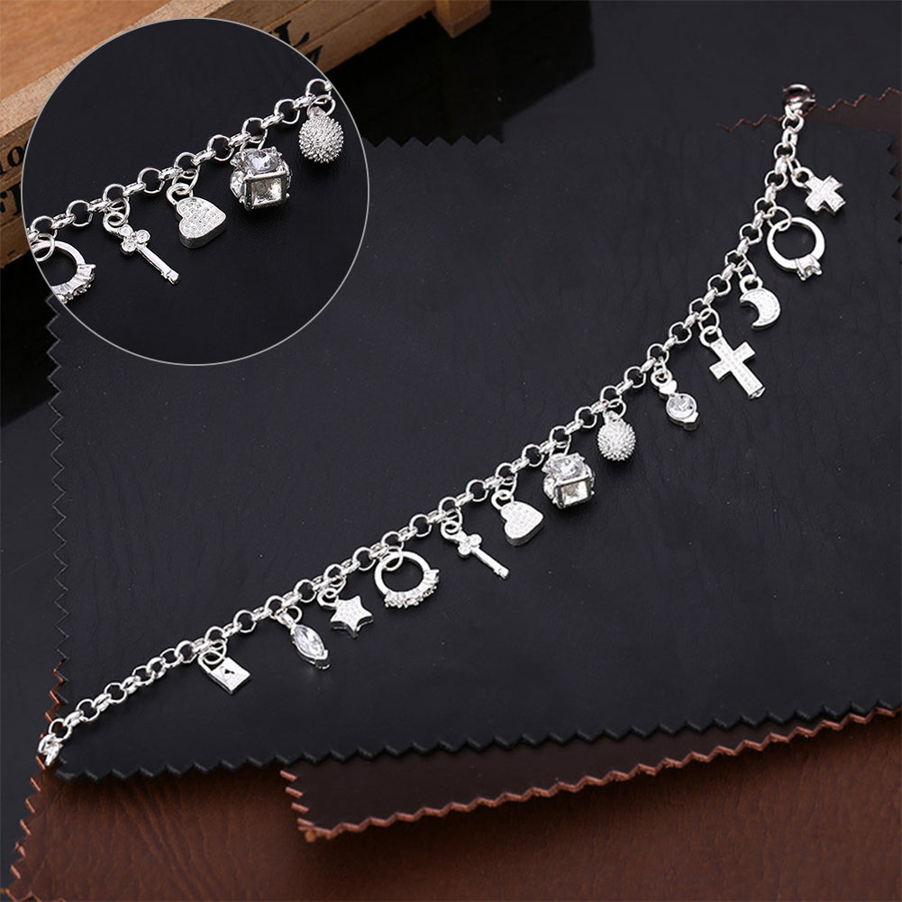 Women Silver Plated Cross Moon Star 13 Charms Pendants Bracelet Bangle Jewelry