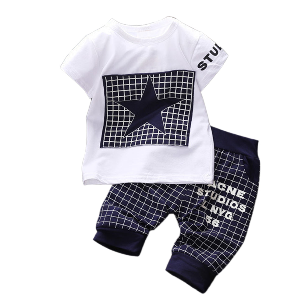 Baby Boy Clothes Set Summer Short Sleeve Star Plaid Print T-Shirt Pants Outfit