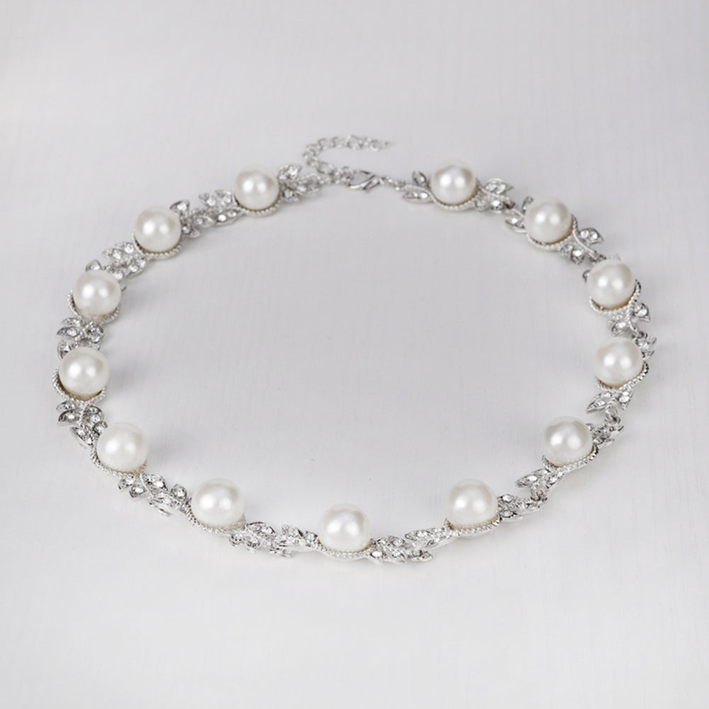 Women Faux Pearl Rhinestone Necklace Stud Earrings Bracelet Jewelry Wedding