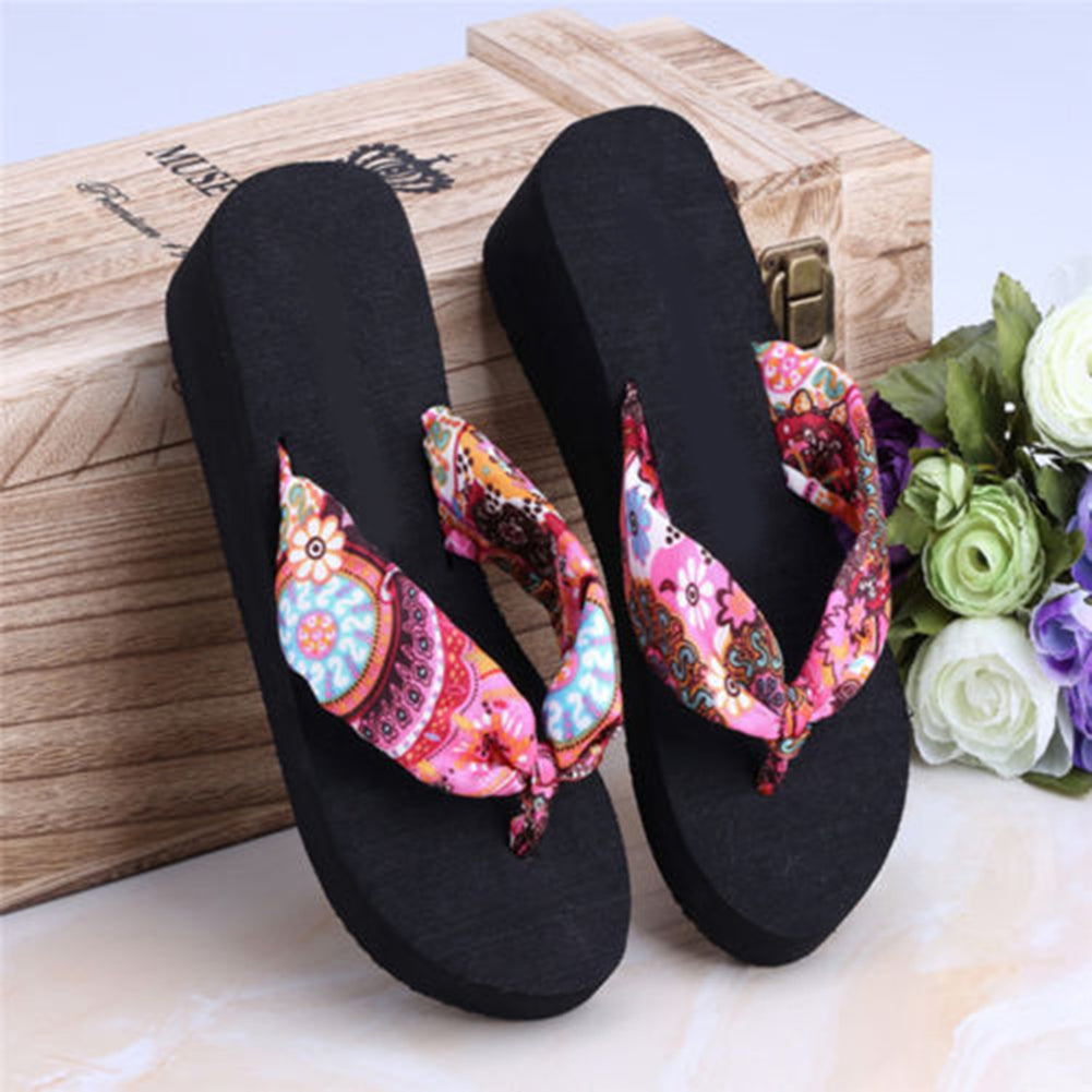 Women Summer Beach Soft Wedge Shoes Bohemia Flip Flops Flat Platform Slippers