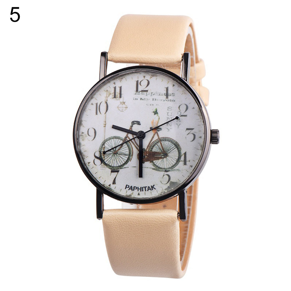 Vintage Bike Print Round Dial Analog Faux Leather Band Quartz Women Wrist Watch