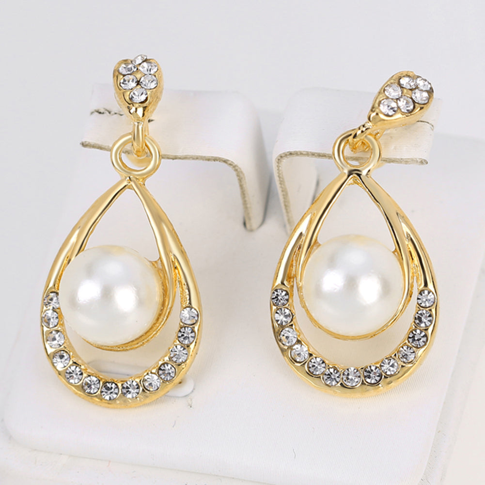 Fashion Faux Pearl Rhinestone Waterdrop Pendant Necklace Earrings Jewelry Set