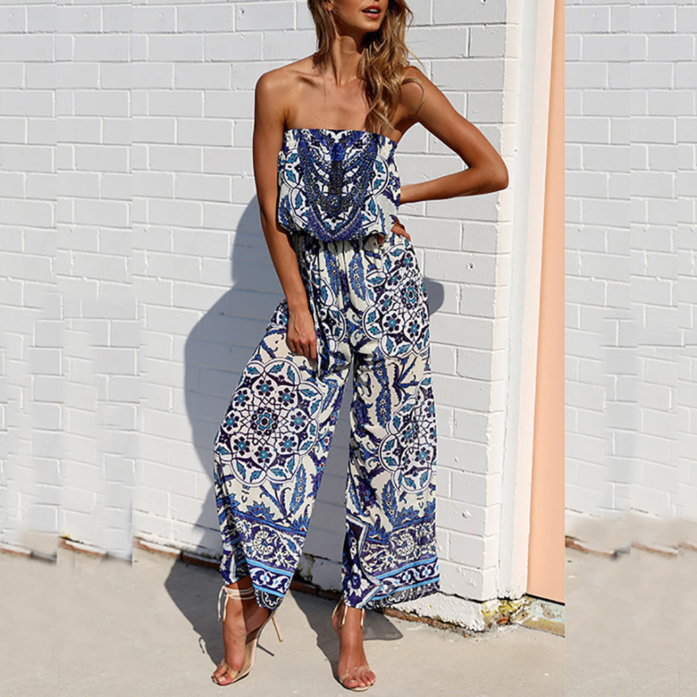 Women Summer Fashion Flower Strapless Jumpsuit Long Wide Leg Romper Pants