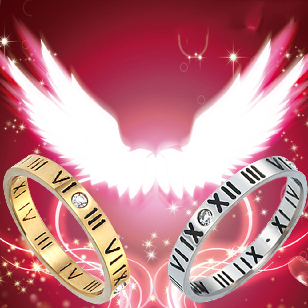 Punk Roman Numerals Rhinestone Stainless Steel Finger Jewelry Couple Ring Gift