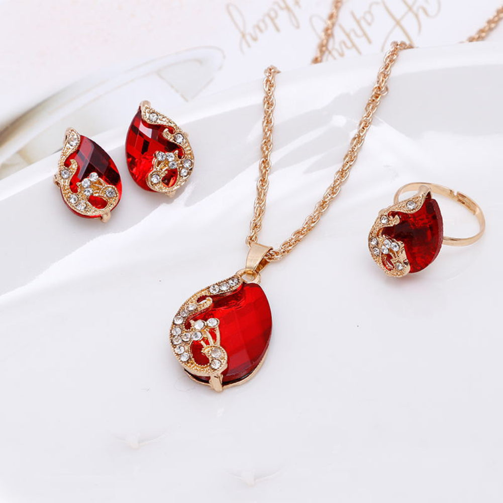 Women Jewelry Set Shiny Water-Drop Shape Rhinestone Necklace Earrings Ring Gift