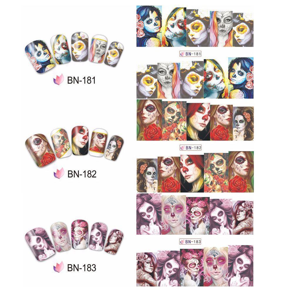 24Pcs Halloween Cartoon Skull Water Transfer Manicure DIY Tips Nail Art Stickers