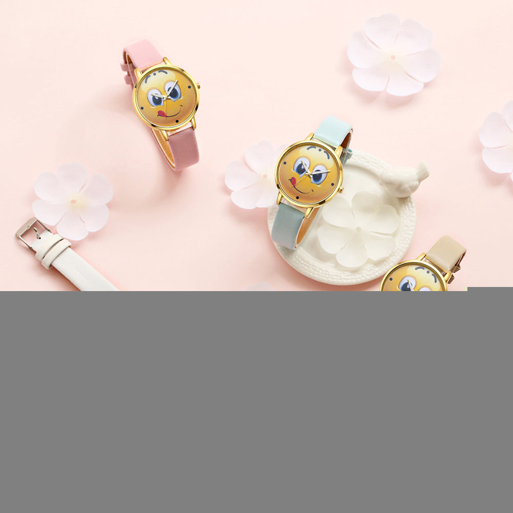 Lady Stylish Lovely Greedy Face Emoji Faux Leather Band Analog Wrist Watch