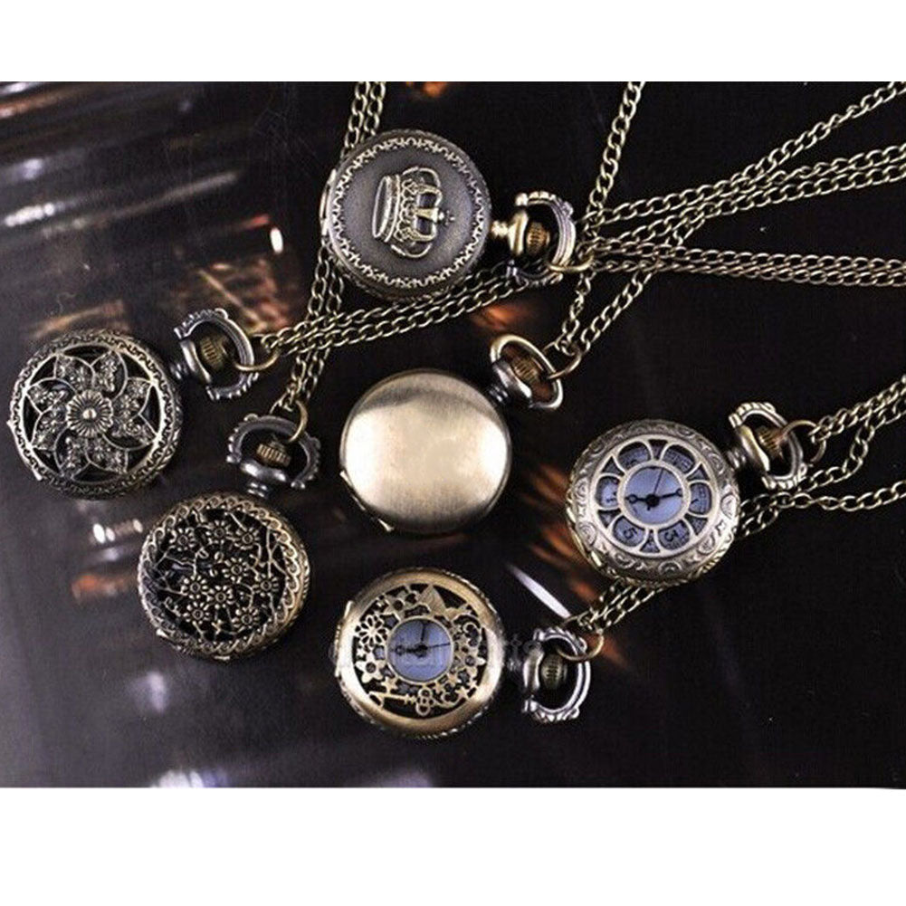 Unisex Vintage Hollow Crown Bronze Quartz Pocket Dress Watch Pendant Necklace