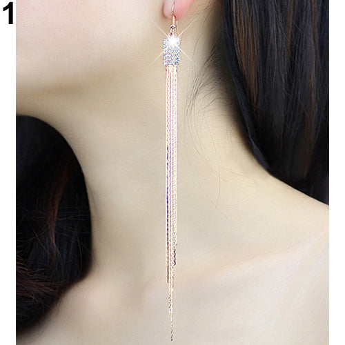 Women's Square Rhinestone Drop Long Tassels Chain Hook Dangle Party Linear Earrings