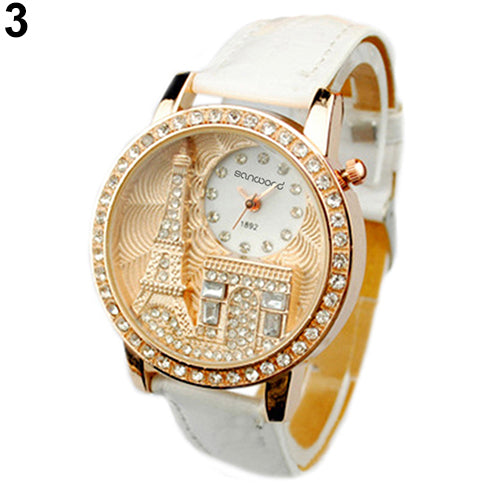 Fashion Women Lady Eiffel Tower Dial Faux Leather Band Quartz Wrist Watch