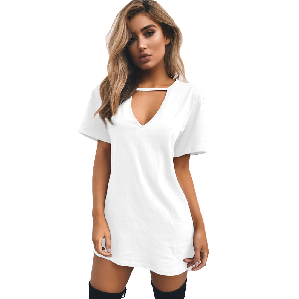 Casual Women Short Sleeve Long T-shirt Tee Dress Solid Color Hollow V-Neck Top