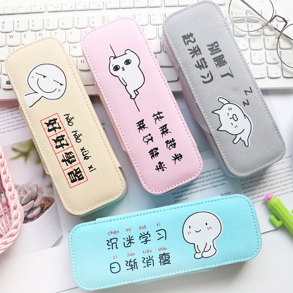 Funny Cartoon Chinese Student Pencil Bag Canvas Stationery Holder Zipper Pouch