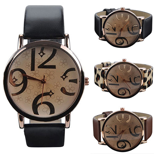 Women's Casual Flowers Big Numbers Dial Faux Leather Strap Quartz Wrist Watch