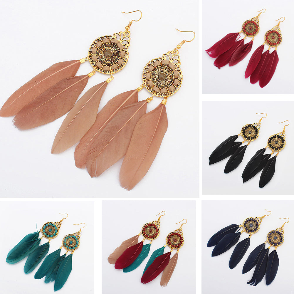 Vintage Women Long Feather Round Hollow Circle Hook Earrings Party Jewelry Gift