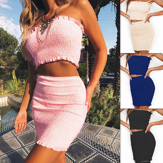 Summer Sexy Ruffled Strapless Crop Top Bodycon Women Mini Skirt Two-piece Set