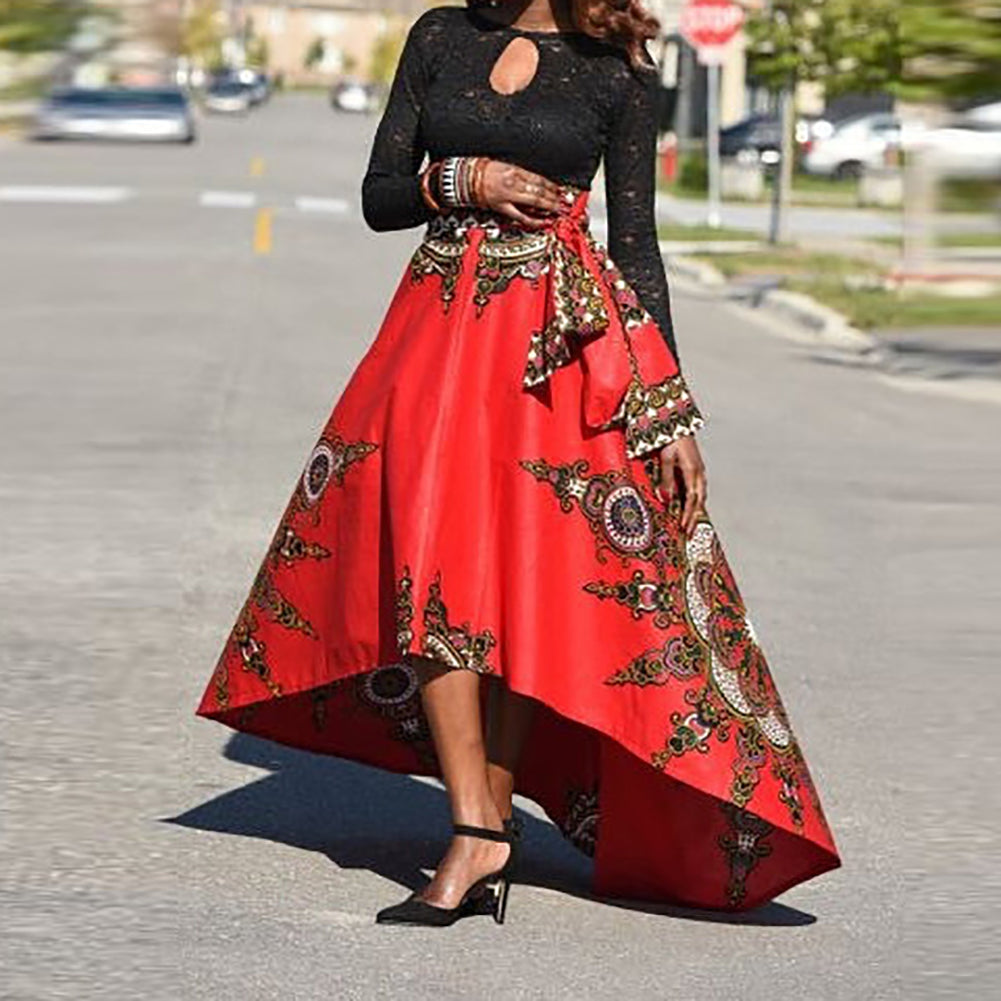 Ethnic Pattern Irregular Women Spring Summer Party Banquet Long Umbrella Skirt
