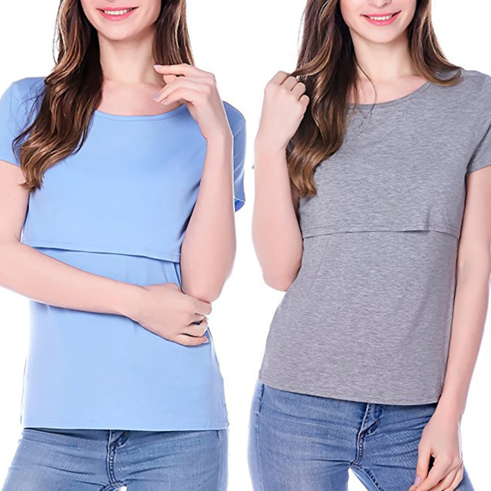 Women Summer Solid Cotton Maternity Nursing Breastfeeding T-shirt Top Clothes